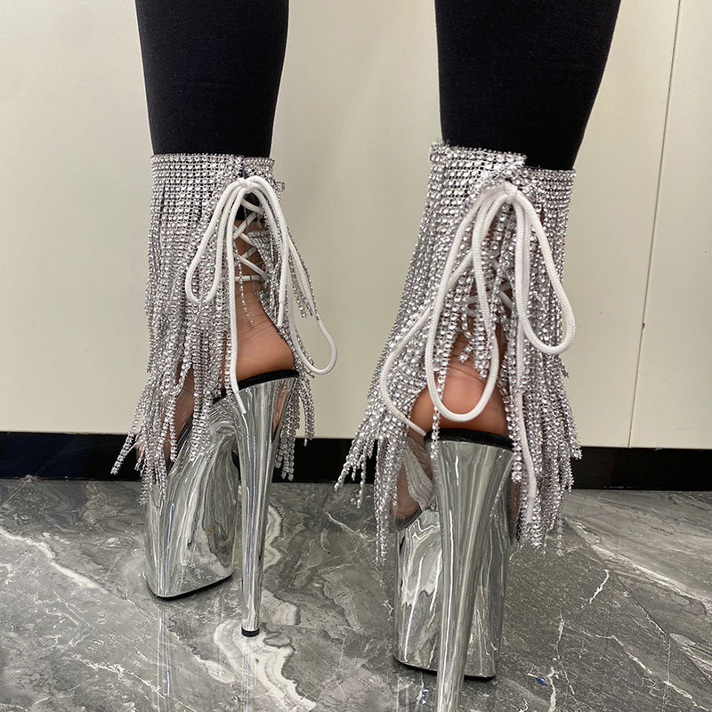 Sliver platform patent læder stilet hæle stripper fluffy hæle