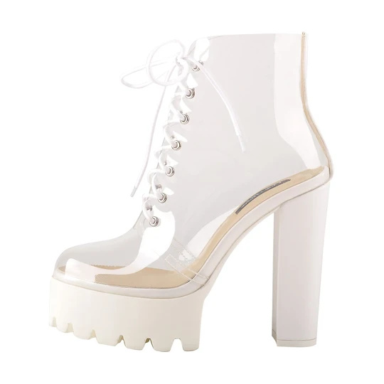 I-Lace Up Platform Chunky Heel White Clear Sandal Boots