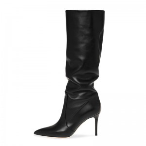 Wholesale winter new design hot sale black PU leather high heel boots in plus size