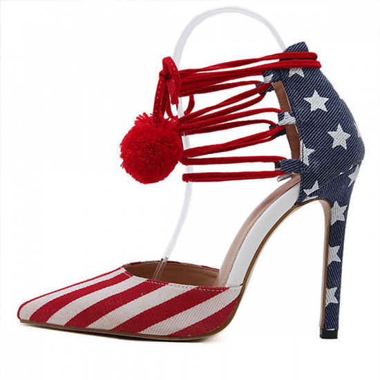 Aṣa Red Blue USA Flags Point Head Ankle Pom Stiletto High Heels Shoes