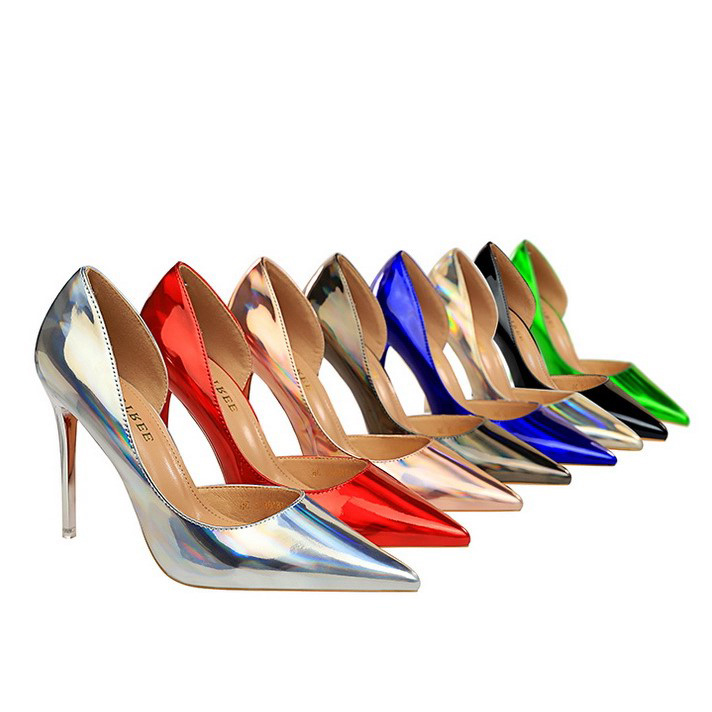 Cheap Price Retro European American Style Multi-color PU High Heel Shoes Laser Pumps Women’s