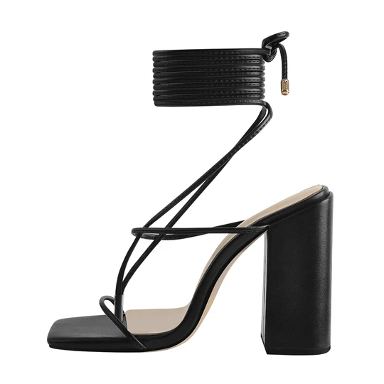 Factory Outlets High Heels And Sandals - Black Ankle Strap Square Toe Chunky Heels Sandals – Xinzi Rain