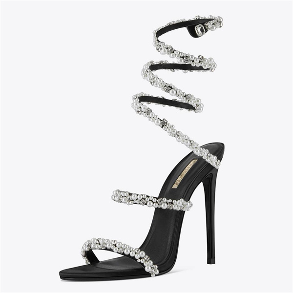 2022Summer New Peep-toe Sandals Black Women’s Shoes Sexy Super High Heels with Pearl Diamond /rhinestone loop Around the Ankle