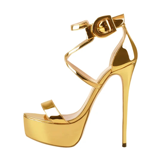 Golden Metallic Luster Platform Stiletto Ankle Strap Crisscross Sandal