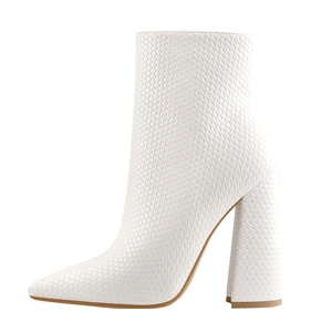 White Woven Pattern Back Zipper square Chunky Heel Ankle Boots