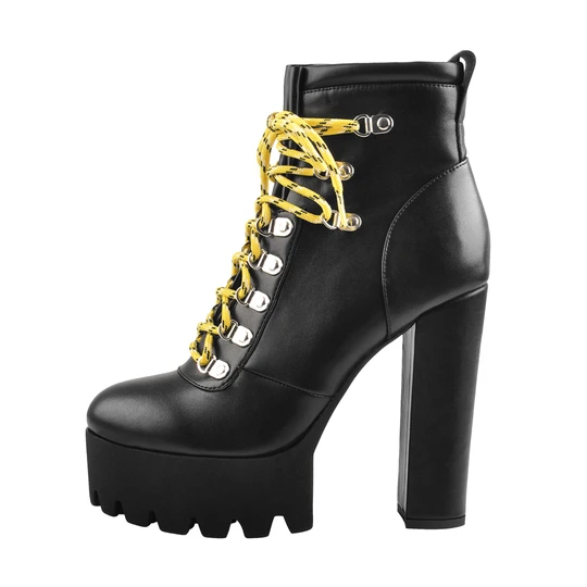Lace Up Yellow Strappy Round Toe Platform Chunky Heels Ankle Boots