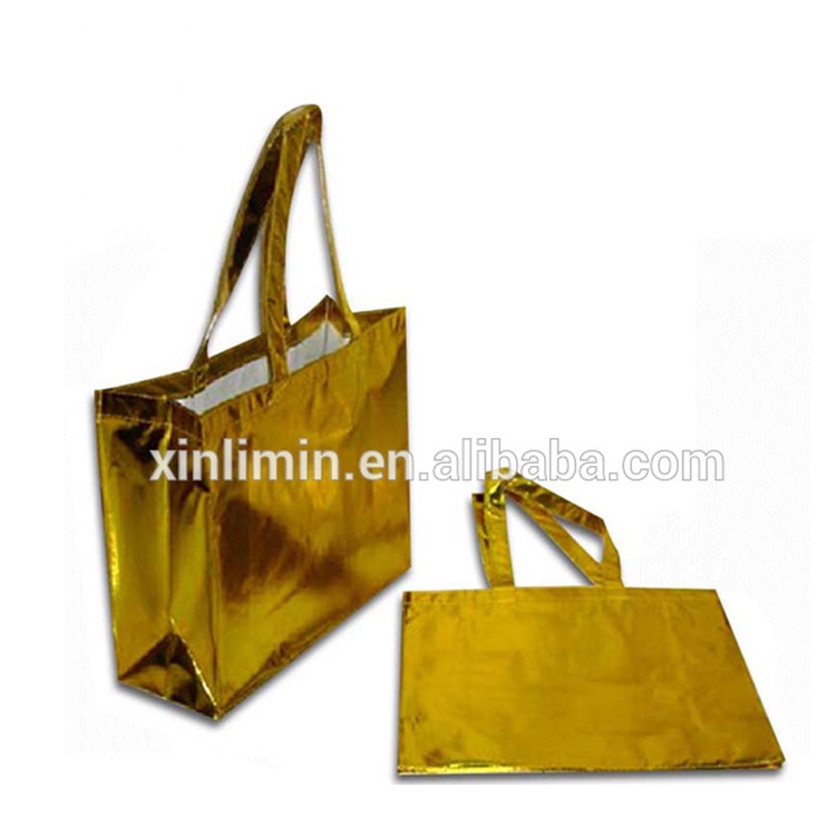 Xiamen eco friendly promotional gold foil metallic laminated  pp non woven garment shopping bag Featured Image