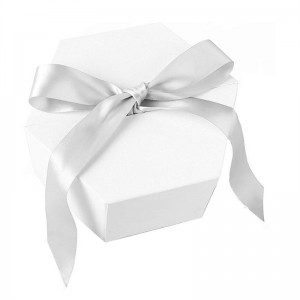 White Cardboard Hexagon Shape Flower Packaging Gift Presentation Box na May Ribb1