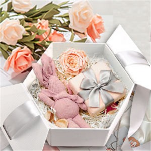 White Cardboard Hexagon Shape Flower Packaging Gift Presentation Box na May Ribb 6