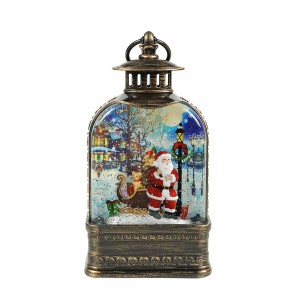 MELODY LED light up resin Santa Sleigh Scene Lantern Swirling Glitter water spinning Christmas snow globe