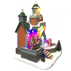 Wholesale  LED light up animated Church Train Station scene  resin musical Christmas village for seasonal decor and gift