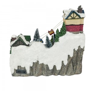 Custom made LED musical mountain house fiber optic resin Christmas village with rotating Xmas tree and moving cable car