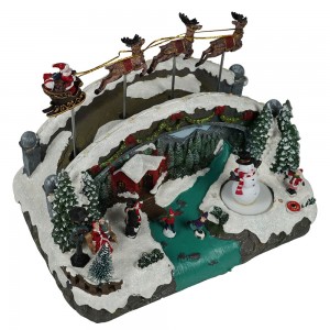 Wholesale led musical Xmas skiing bridge and flying sleigh scene model figurine Christmas decoration with rotating snowman
