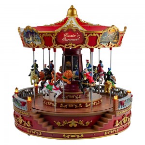 Amazon hot sell 14in noel Led lighted Rosies Carousel Revolving Christmas Decor with Music box