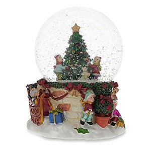 Hand painted Cheerful Kids Decorating Christmas tree holiday decor Musical glass Snow Globes with glittery bulbs