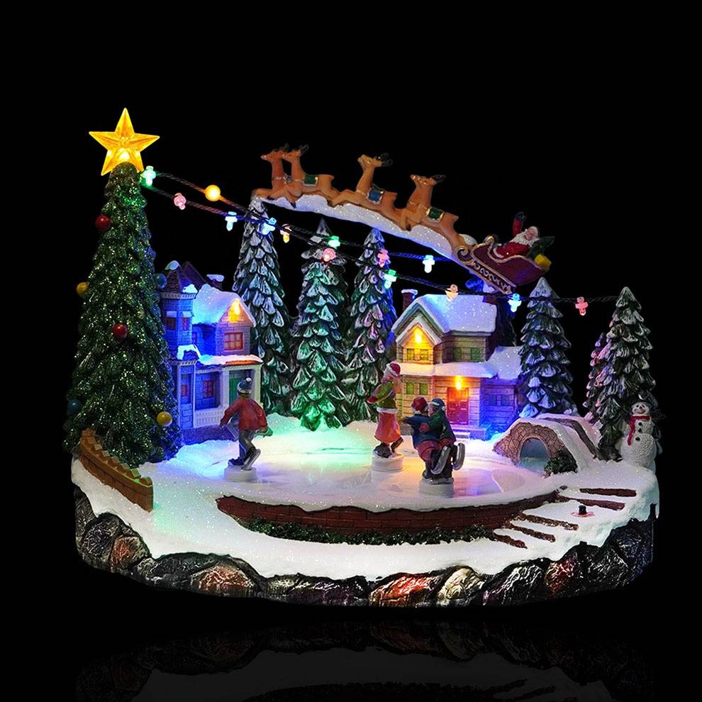 Wholesale Seasonal holiday decor reindeer sleigh scene Led Illuminated Musical Christmas village houses with 8 Xmas  songs