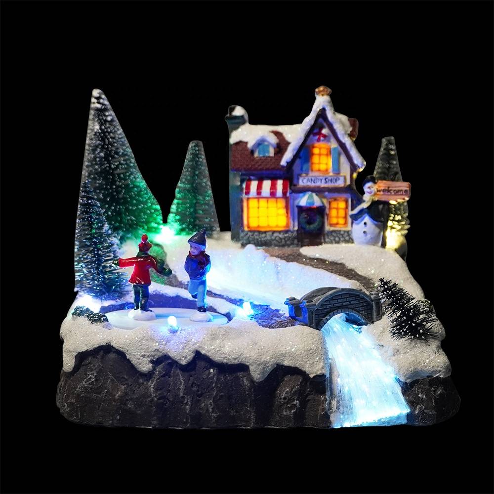 Popular animated maison de noel Light up fiber optic Christmas Led illuminated musical resin village house with Mult color Led