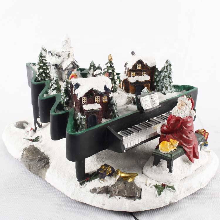 Polyresin Christmas santa piano animated with colorful LED and music house decoration