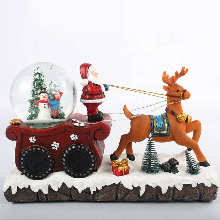 Hot sell Musical flashing led polyresin Santa Sleigh reindeer water ball Christmas decoration
