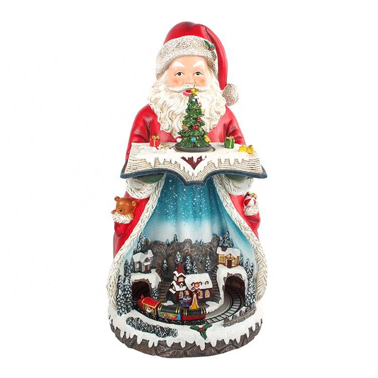 Wholesale indoor tabletop OEM battery Led illuminated Musical Resin Santa Claus Christmas decoration with Moving Village Scene