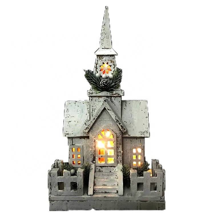 Xmas decorative LED lighted Christmas wooden church house for holiday gift