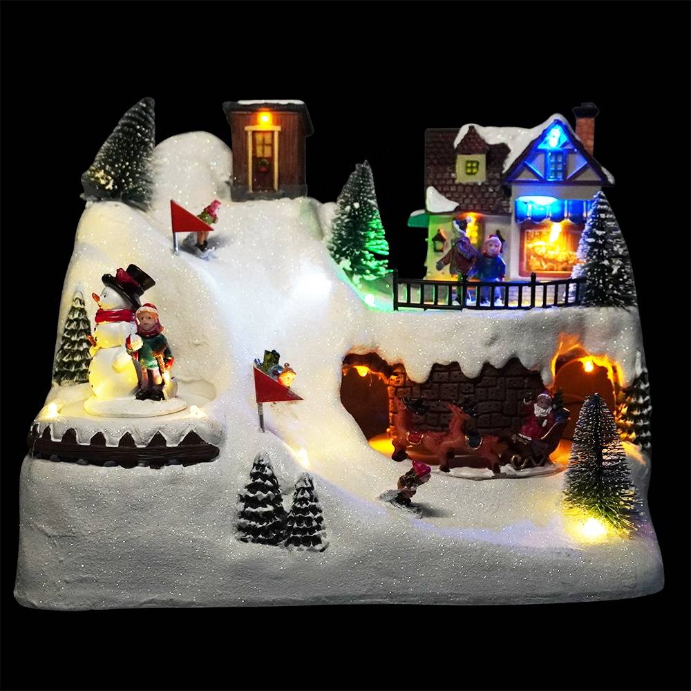 Wholesale noel 8 songs Led lighted Xmas mountain scene musical animated Christmas village with rotating train and Santa