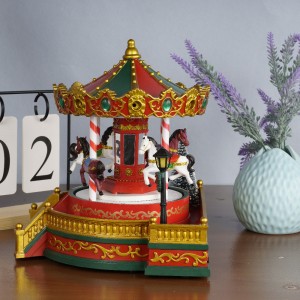 2022 New arrive red Xmas holiday decor Dancing Horse Plastic Merry Christmas LED Light Carousel Music Box