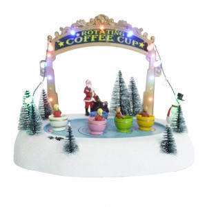 Wholesale musical LED fairground with rotating coffee cup christmas village houses for Christmas decor and gift