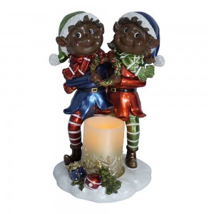 New Arrive Christmas Decorations Resin Black Elf Statue with LED Candle