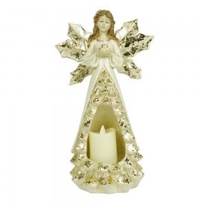 Wholesale custom gold resin prayer gesture angel statue with LED candle and wings
