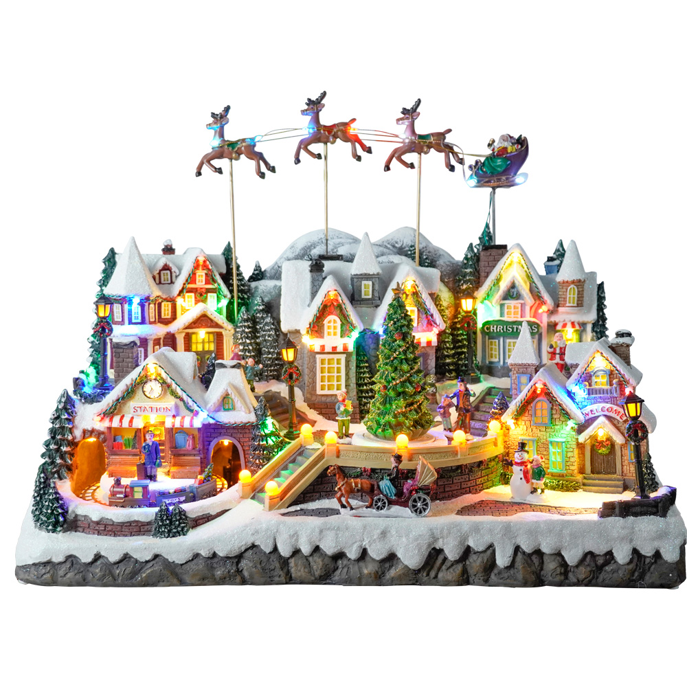 Large Size Musical Polyresin Christmas LED House flying Santa sleigh scene Christmas Village with rotating Xmas tree