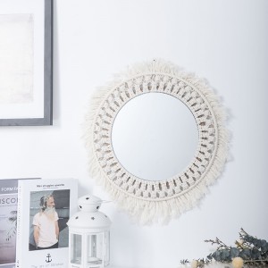 Macrame Wall Mirror with Boho Fringes, Bohemian Handmade Decor，Round Cotton Framed Mirror