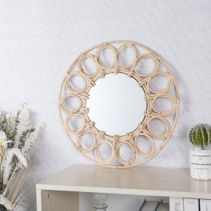 Rattan Mirror Wall Makeup Mirror Sunflower Frame Natural Mirror Country Style Wall Mount Round Mirror for Living Room Bedroom