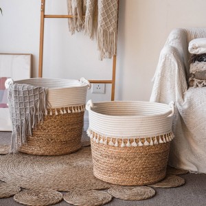 Big Cotton Rope Baskets with Handles and Water Hyacinth Accent Includes 3 Sizes