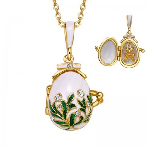Rhinestone Enamel faberge egg pendant necklace charms with bear toy within