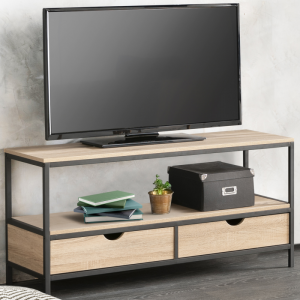 Pramoninio stiliaus plieno ir medžio kombinuota televizoriaus spintelė su 2 stalčiais 0375