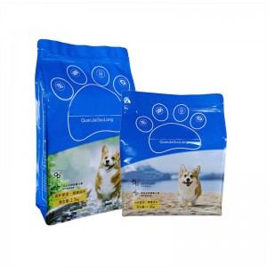 Doublure en aluminium personnalisée fermeture à glissière quad joint sac d'emballage en plastique chien traite sac de nourriture pour animaux de compagnie poche à fond plat