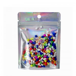 ແຜ່ນອາລູມິນຽມ Custom stand up zip lock pouch one side clear holographic packaging bag