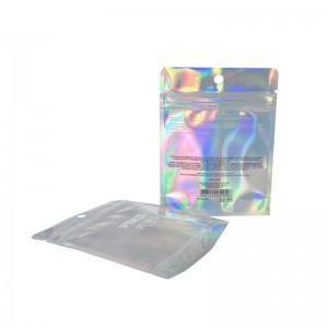 ແຜ່ນອາລູມິນຽມ Custom stand up zip lock pouch one side clear holographic packaging bag