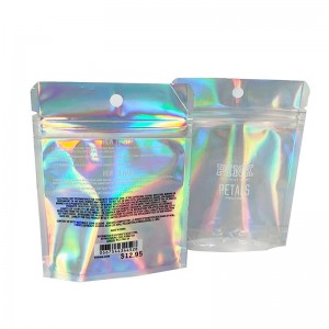 Custom nga aluminum foil stand up zip lock pouch sa usa ka kilid nga tin-aw nga holographic plastic packaging bag