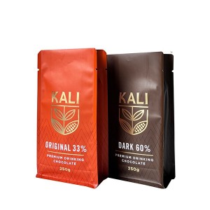 Прилагодено мат печатење мат врел печат од 250 грама чоколадна кесичка за кафе рамно дно производител на торбичка за стоење