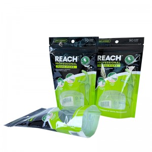 Stand up pouch manufacturers custom recyclable dental floss packaging pouch nga adunay dili regular nga tin-aw nga bintana