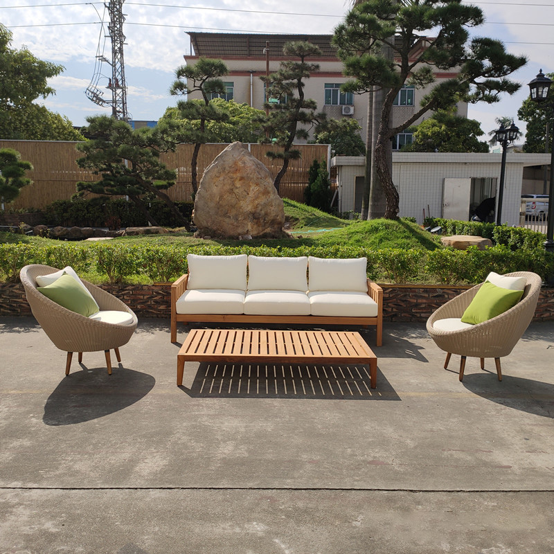 Outdoor 5 Seater Wood Sofa With Rattan and Club Chair Set