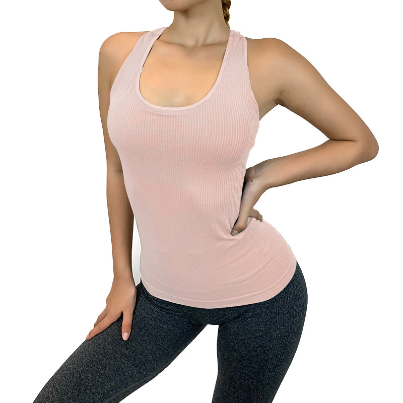 Processing OEM Seamless Knitted Yoga Clothes Slim Solid Color Round Neck Sleeveless I-Shaped Sports Outer Wear Vest With Chest Pad Running Sleeveless T-Shirt Featured Image
