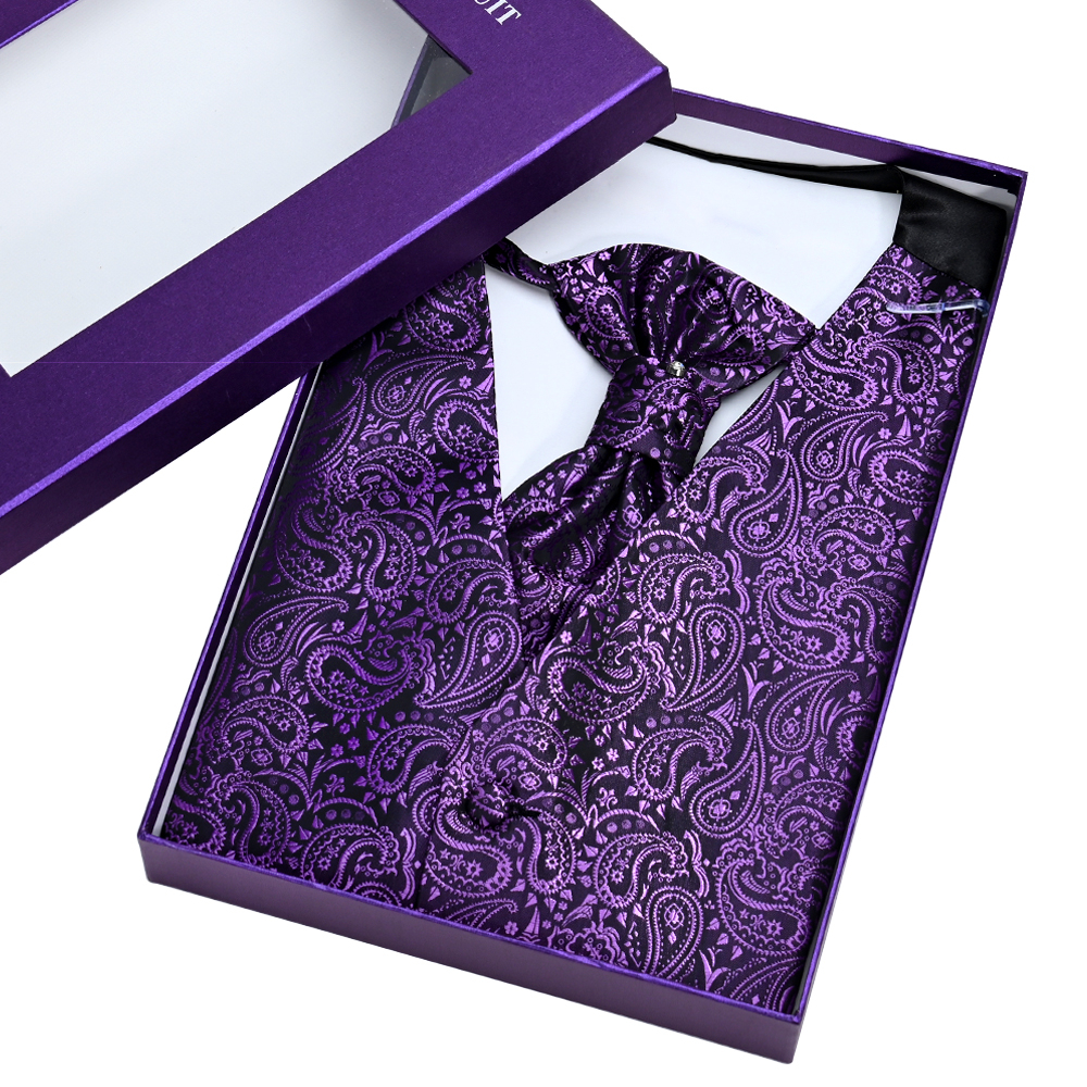 მამაკაცის აბრეშუმის ჟილეტის ჰალსტუხის ნაკრები ნაქსოვი პეისლის ყვავილოვანი ჟაკარდის ჰალსტუხიანი ბაფთით კლასიკური ჟილეტის საქორწინო ქურთუკი