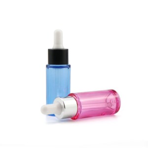 Neuankömmling 20 ml PETG leere runde Verpackung blau rosa Kunststoff-Tropfflaschen Tropfen ätherischer Öle