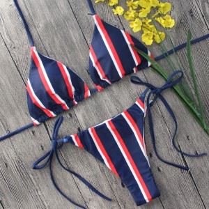 2021 Hot Sale New Swimsuit Navy Blue Stripe Bikini Sexy Lace Beachwear For Women