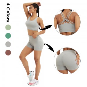 Cross Back Bra High Waist Shorts Sportswear Yoga Gym Fitness Set