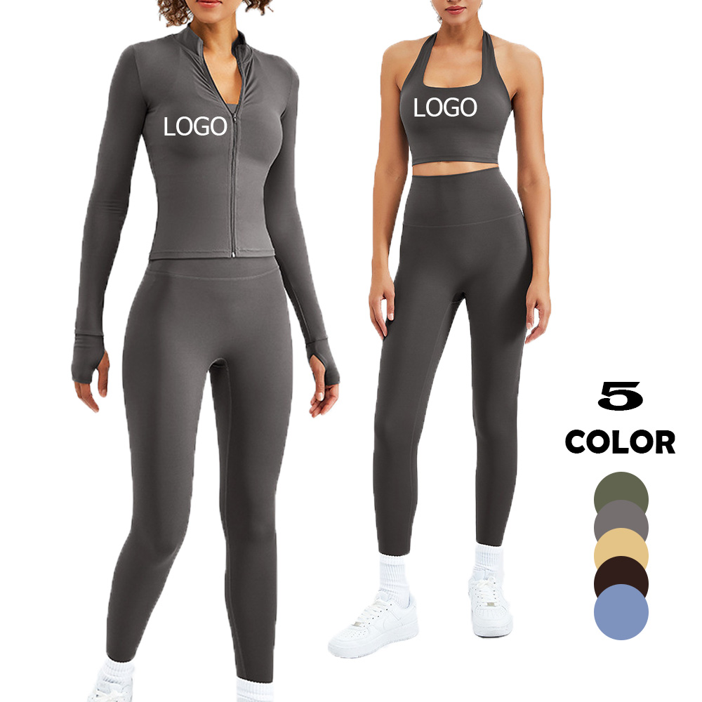 Custom zipper jacket gym sportswear women 3 pcs suit workout fitness yoga set Featured Image