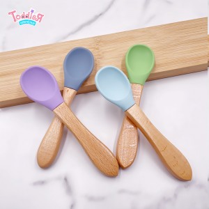 Wood Handle Soft Silicone Baby Spoon for Self Feeding
